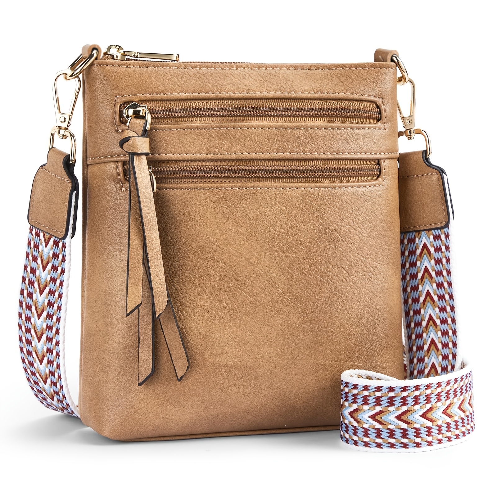 

Pu Crossbody Shoulder Bag With Geometric Wide Strap, Vintage & Simple Large Capacity Handbag With Zipper Closure