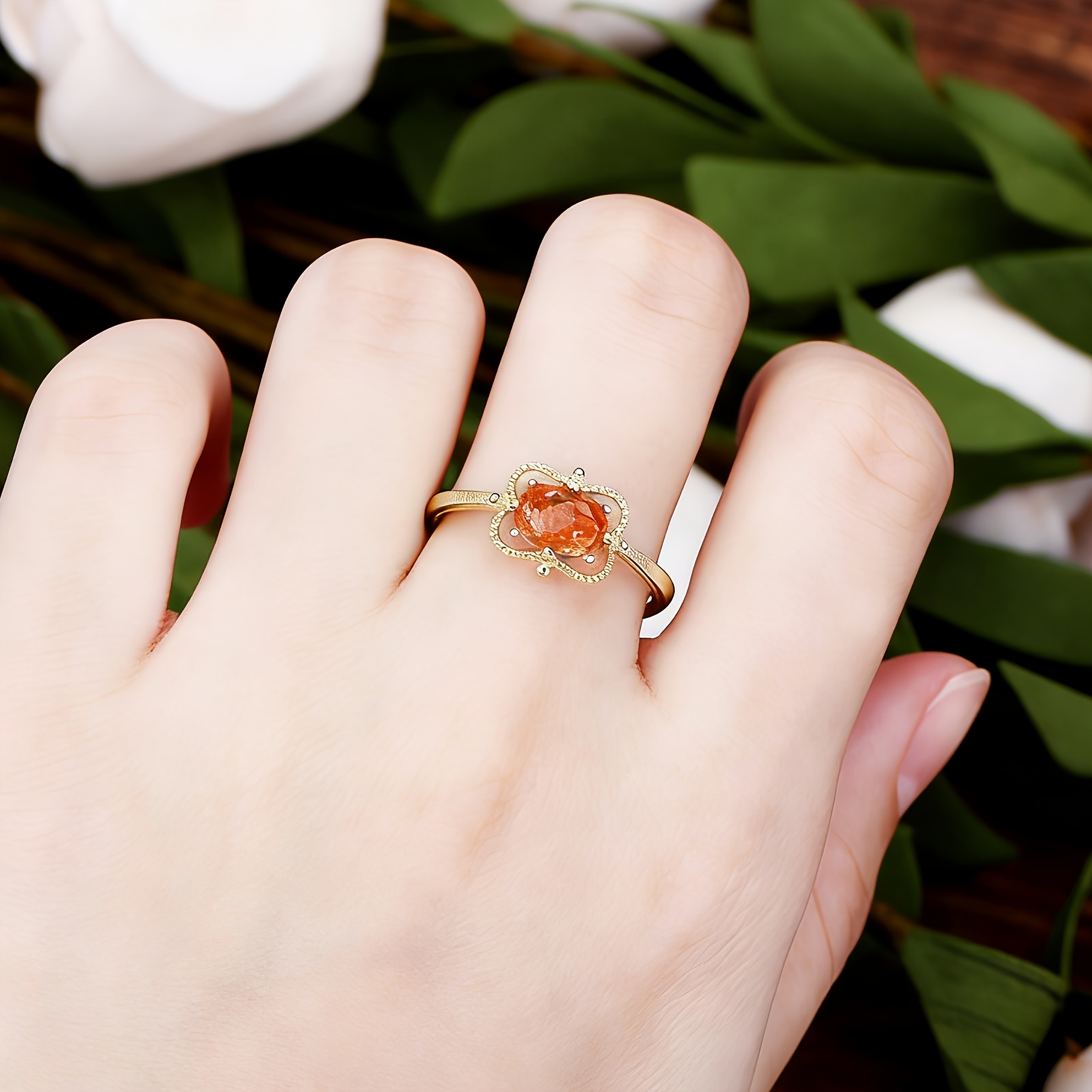 Retro Copper Inlaid Zirconia Orange Ring for Daily Wear