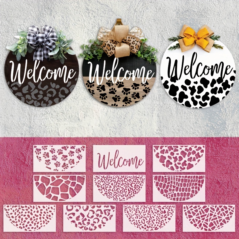 

10-piece Welcome Sign Stencils Set - 12" Reusable Templates With Dog Paw, Leopard, Cow & Honeycomb Designs For Wood Crafting, Door Wreaths, Kitchen & Porch Decor