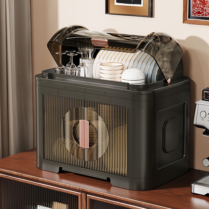 [Life Declaration] Modern Kitchen Organizer Cabinet - Clear View Doors, Adjustable Shelves, Multi-Functional Countertop Storage with Built-in Cutlery Trays, Glossy Black Finish, Space-Saving Plastic Display Case for Utensils, Dishes & Cook