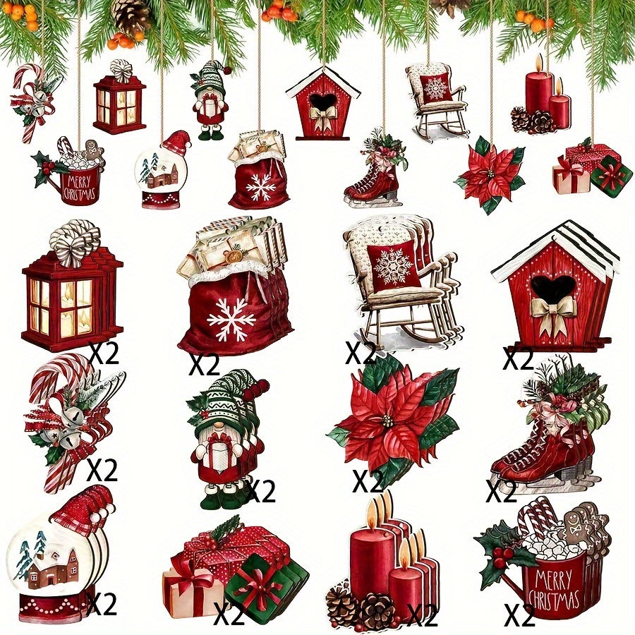 Image of 2d Flat - 24pcs Of Christmas, 2d Holiday Party Yard Decorations, Christmas Tree Hanging Ornaments For Friend Gatherings, Room Windowsill Decorative Atmosphere Hangings