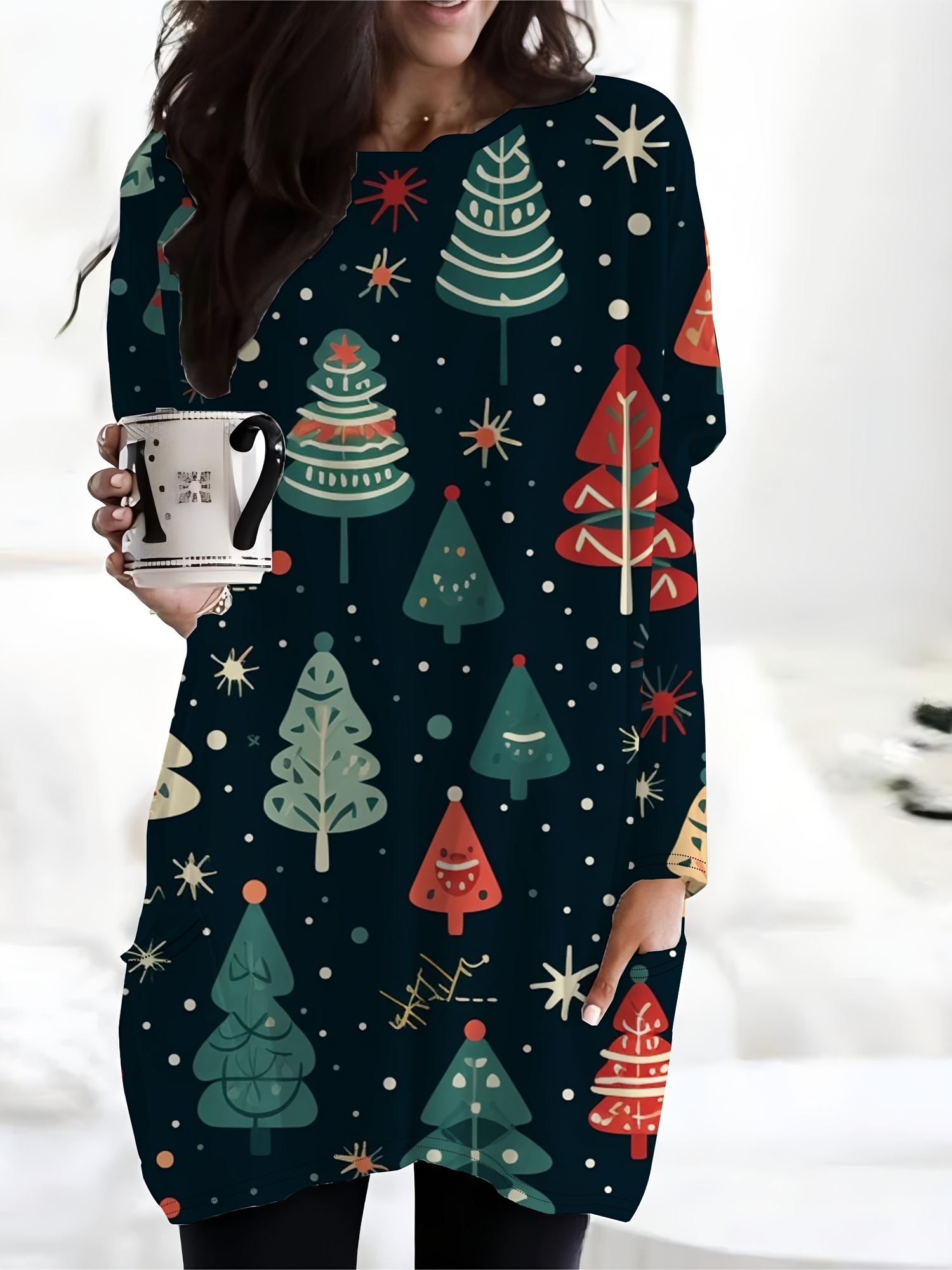 women's christmas print long sleeve t shirt dress festive Temu