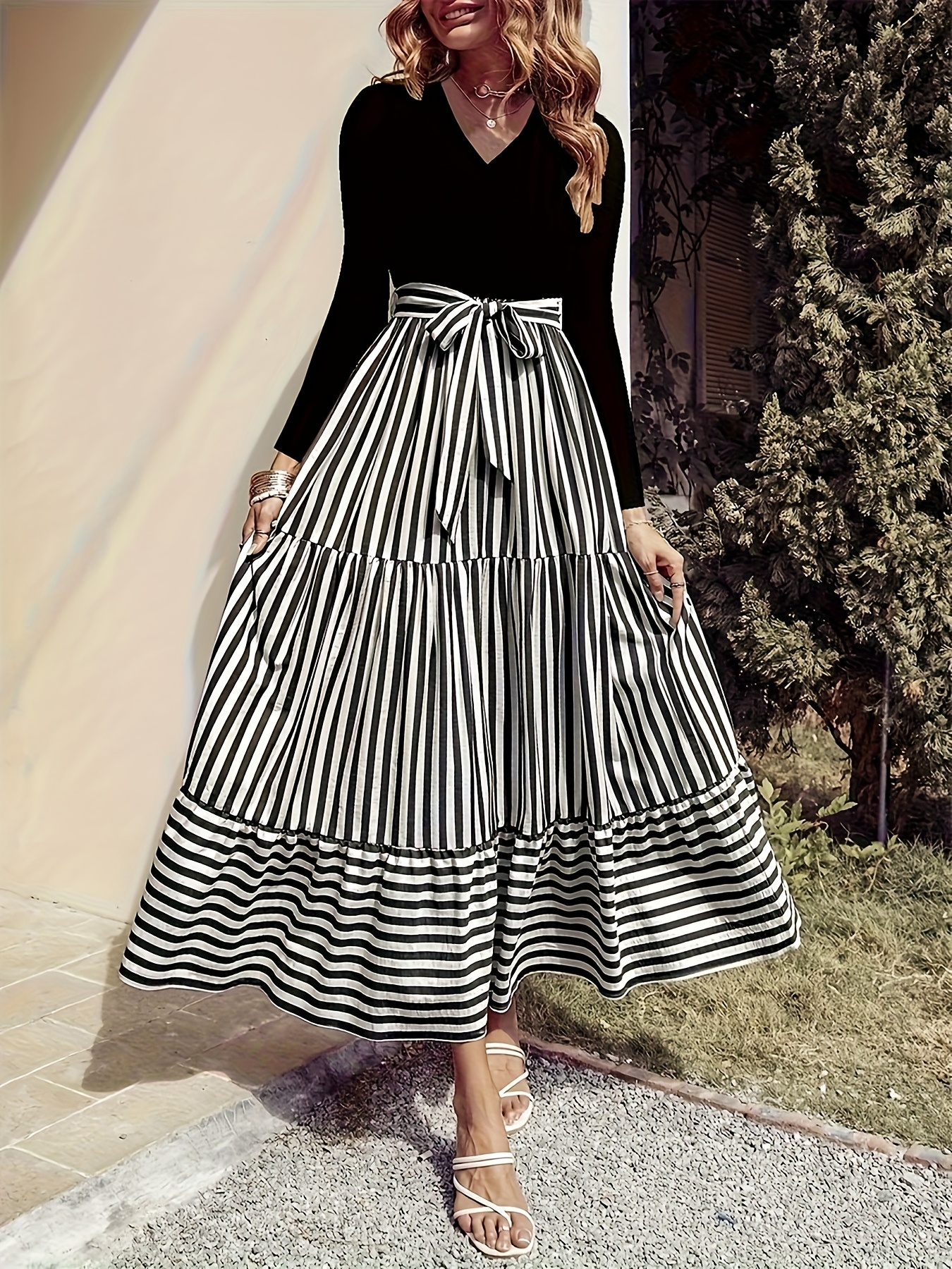 green emerald velvet dress Strappy Tiered Maxi Dress in Black Stripes Striped Down / S main image 1