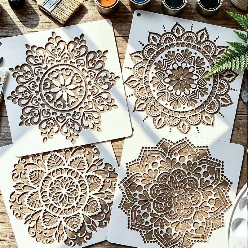 TEMU 4pcs Large Size Mandala Pattern Stencils, Hollow Painting Stencils. Made Of Durable Pet Plastic, Reusable And Washable Drawing Templates.