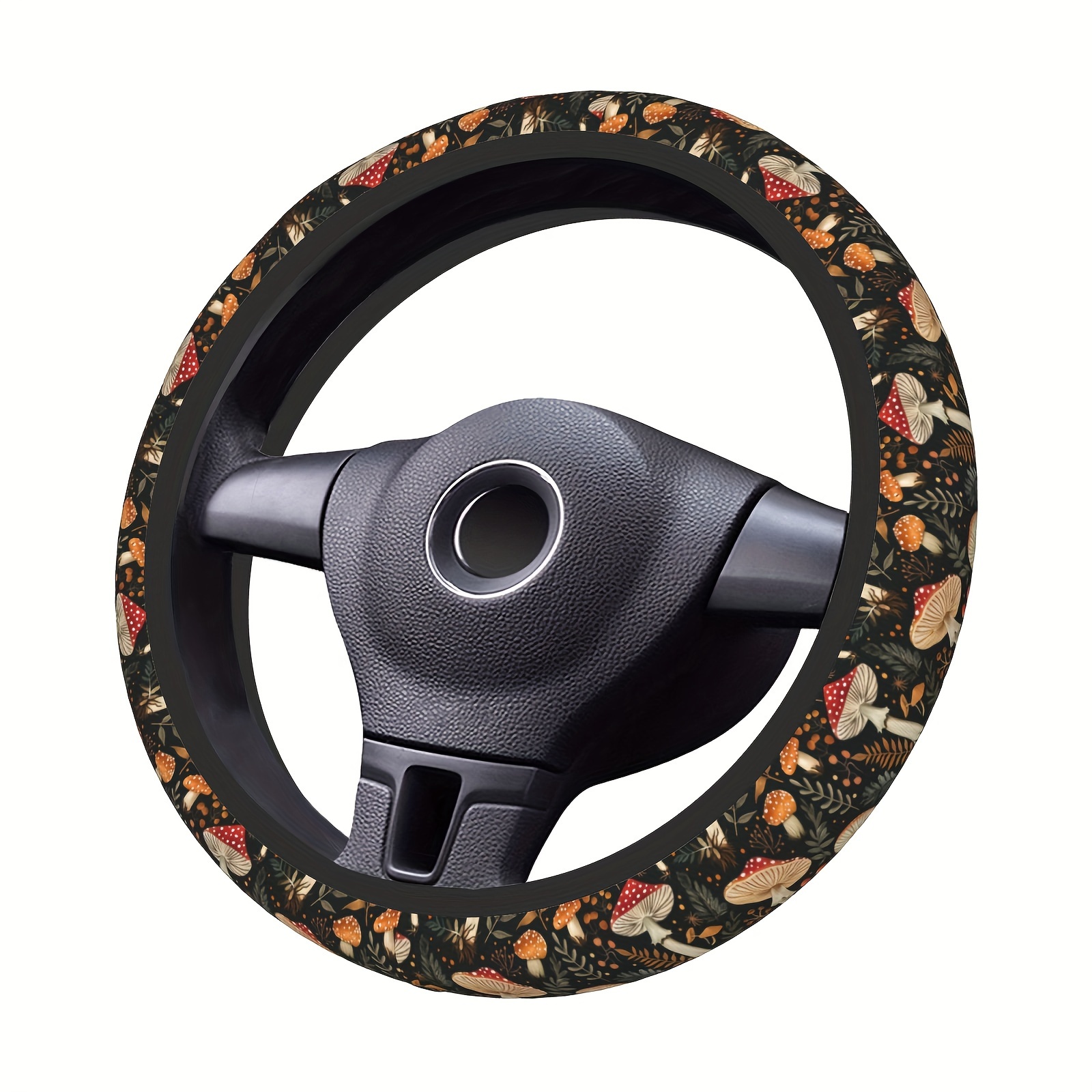 Image of 15" Non-slip Steering Wheel Cover With Woodland Fern, Moth, Dragonfly & Design - Breathable Polyester, , Grip For Most Cars
