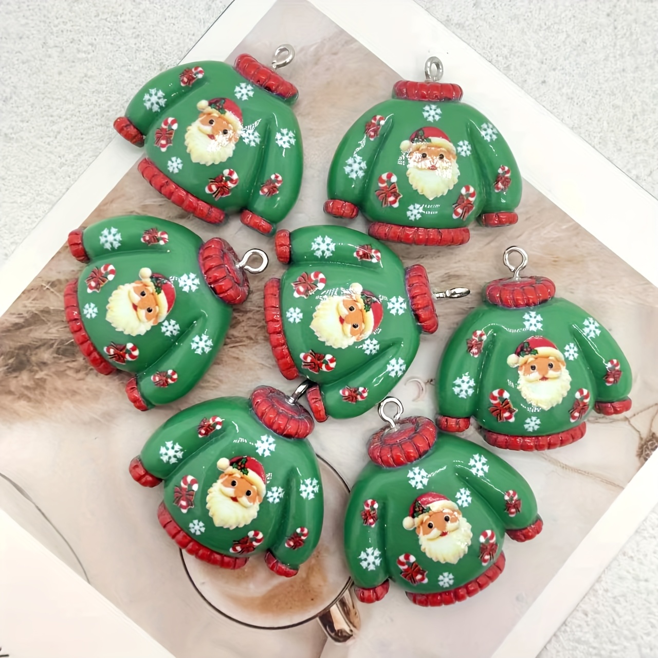 Image of 7pcs Resin Santa Claus Sweater Pendant Set, Ideal For Making, Perfect For Earrings, Necklaces, And Bags