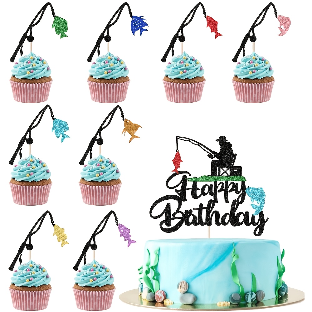 TEMU 9pcs Fishing Cake Topper-fishing Cupcake Toppers Combination Fishing Rod Decorations Fisherman Themed Birthday Cake Topper, Fishing Birthday