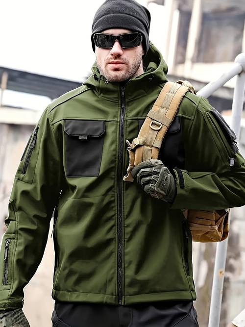 mens outdoor zipper soft shell jacket with pockets scratch resistant windproof and warm hooded jacket suitable for spring cycling seaside outdoor activities