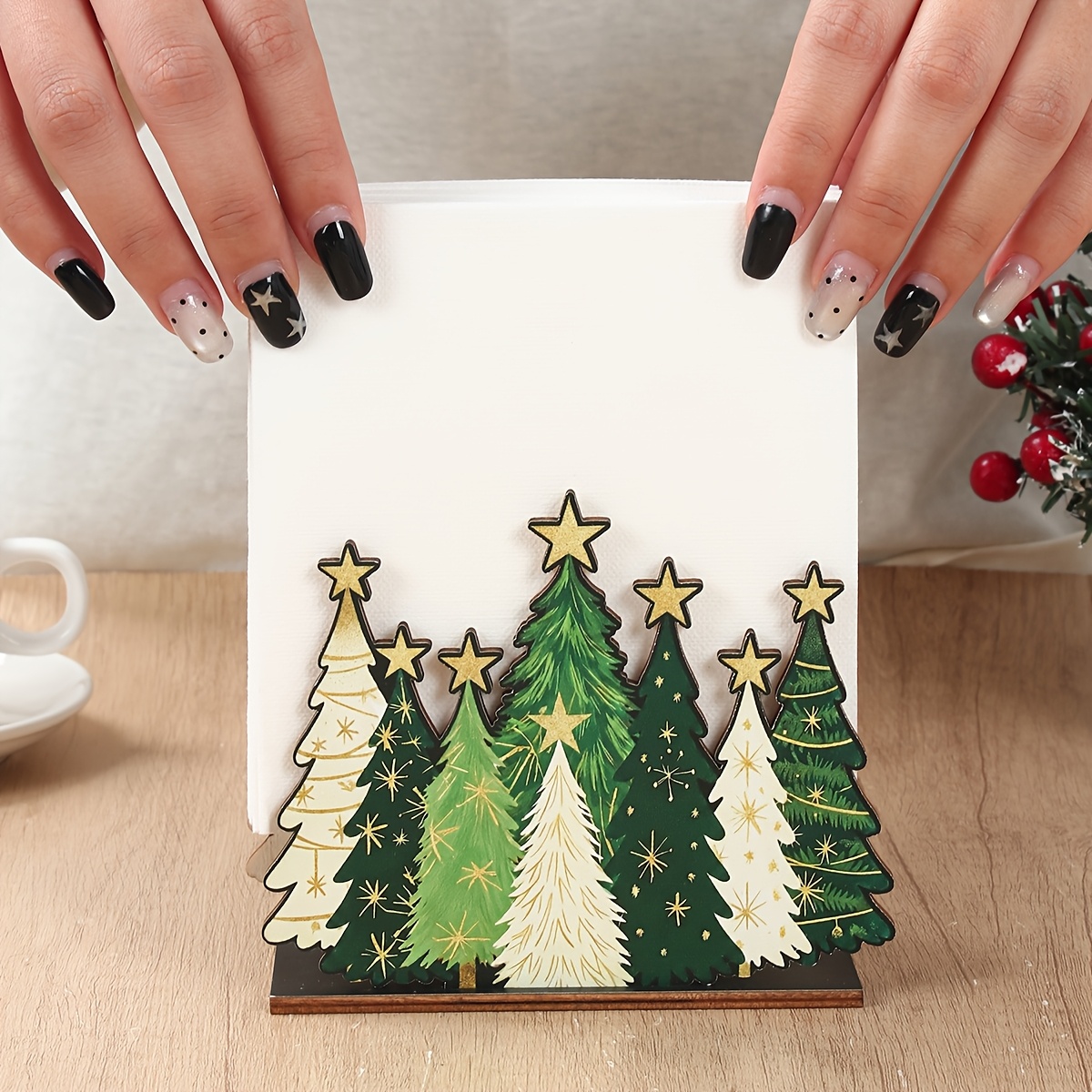 TEMU Porte-serviettes en bois de imprimé plat 2D, 1 pièce, distributeur de serviettes décoratif en bois de sapin de Noël, fournitures de comptoir de