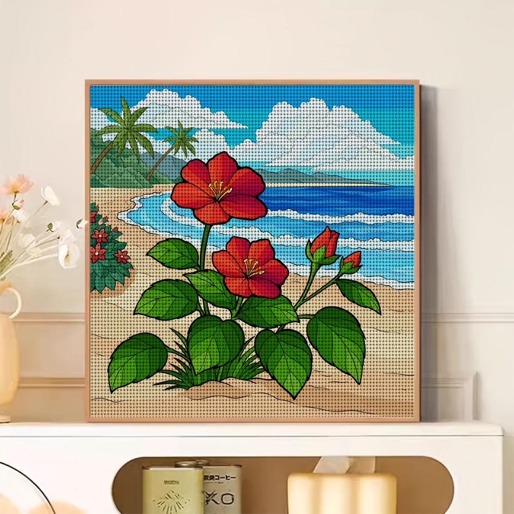 Frameless Cross Stitch Printed Kit, Beach Red Flower Landscape Design