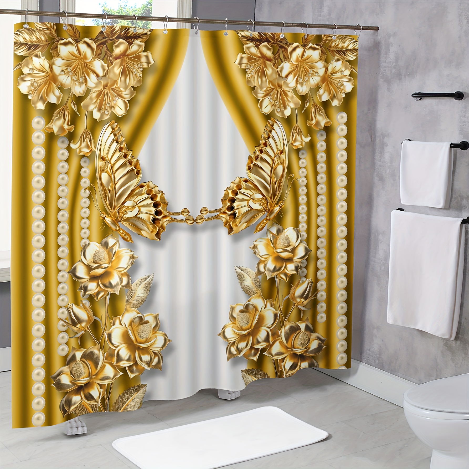 

1pc Golden Flower Shower Curtain, Waterproof Shower Curtain With Hooks, Bathroom Partition, Bathroom Accessories, Home Decor