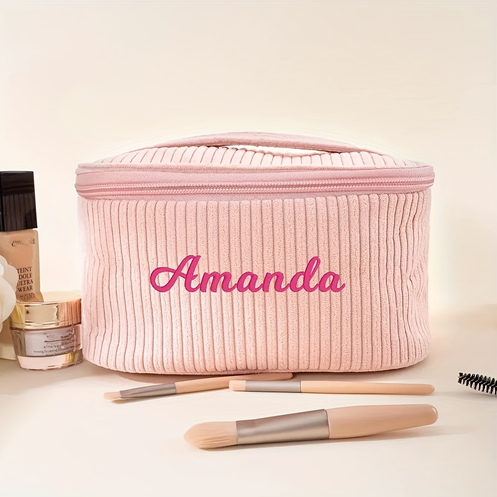 TEMU Coin Purse And Coin Bag 1pc Custom Embroidery Large Capacity Corduroy Makeup Bag, Gift For Her, Bridesmaid Gift, Travel Portable Makeup Bag,