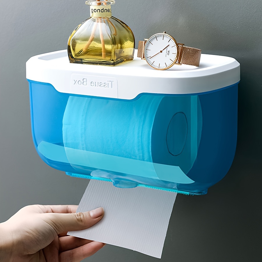 

1pc Waterproof Plastic Tissue Box Holder, Wall-mounted No-drill Toilet Paper Dispenser With Storage Shelf, Creative Tissue Roll Paper Holder For Bathroom & Restroom