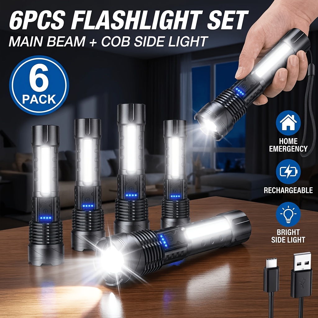 TEMU 2/4/6pcs Led Flashlights, 3 Light , , 2200mah, Usb Charging, Portable Handheld Flashlight For Camping, Home Emergency, Ideal Gift For Halloween,