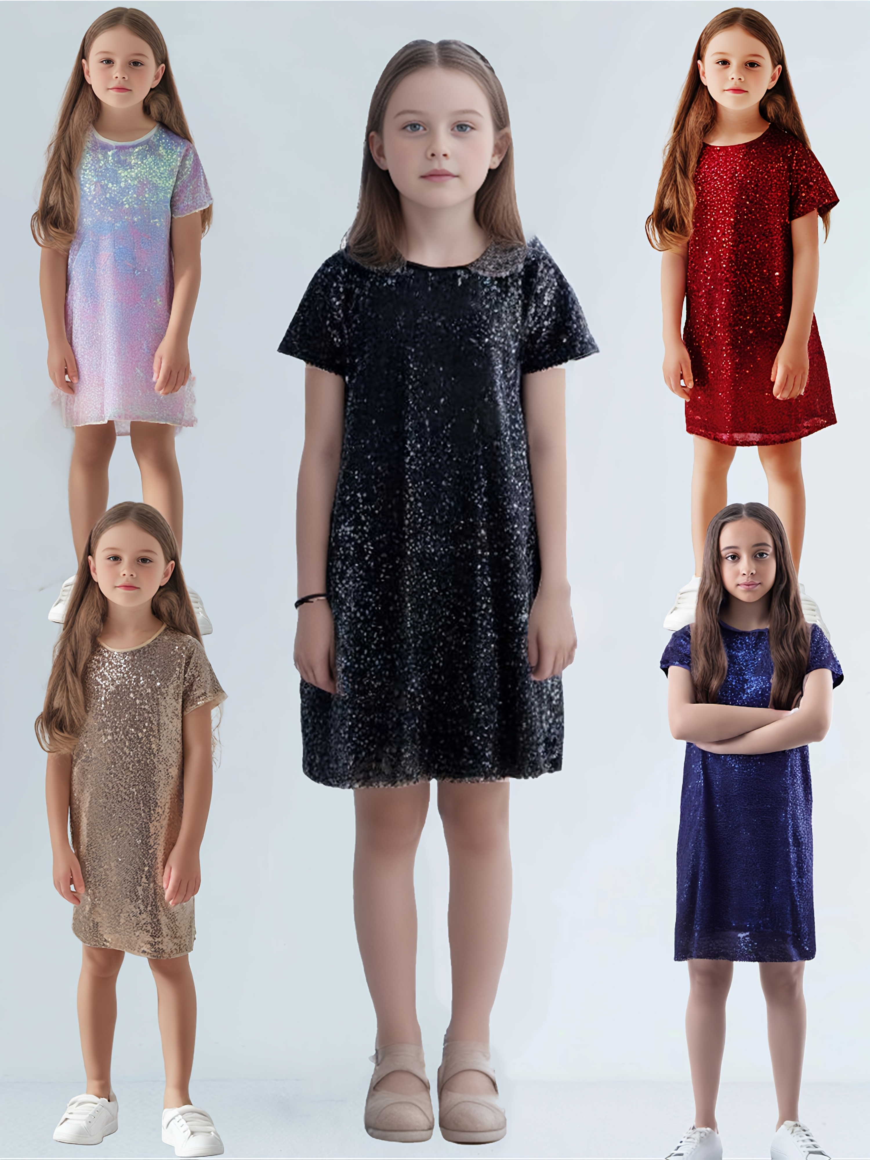 girls sparkling sequin a line dress black short sleeve round neck   length party dress for spring summer casual formal events   princess dress for girls special occasion outfit sleek silhouette   kids fashion durable material childrens wear 0