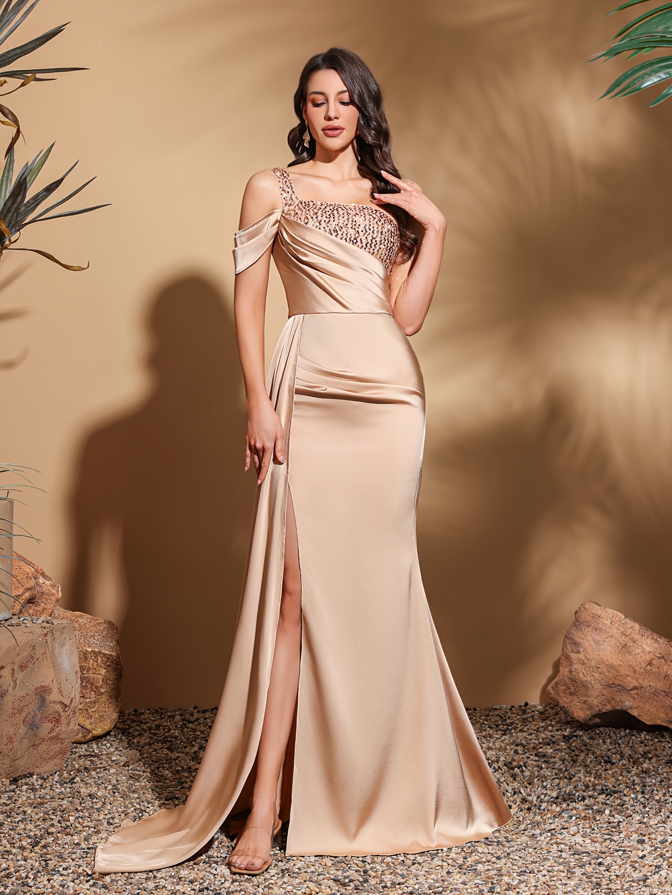 single shoulder chest pleated sequin side train floor length