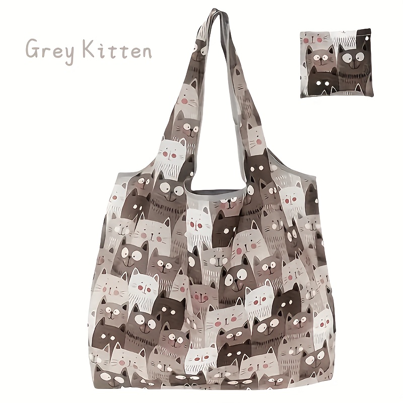 

Reusable Polyester Foldable Shopping Tote With Cute Cartoon Cat Design, Compact Pocket Included, Hand Washable