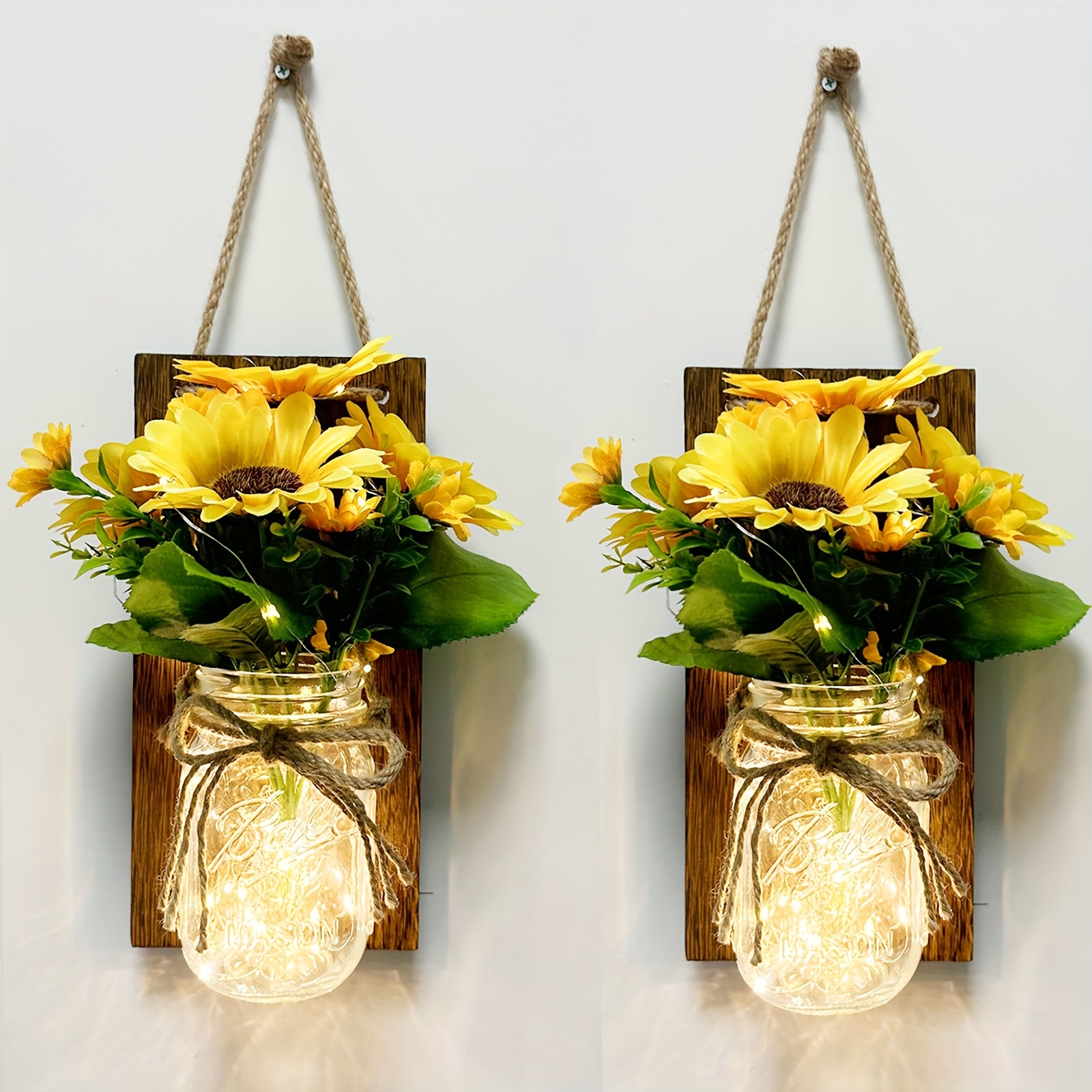TEMU Set Of 2 Mason Jar Wall Lights, Lighting, Artisan Hanging Wall Light, Ornamental Wall Lamp, Sunflower And Peony Wall Light, Handcrafted