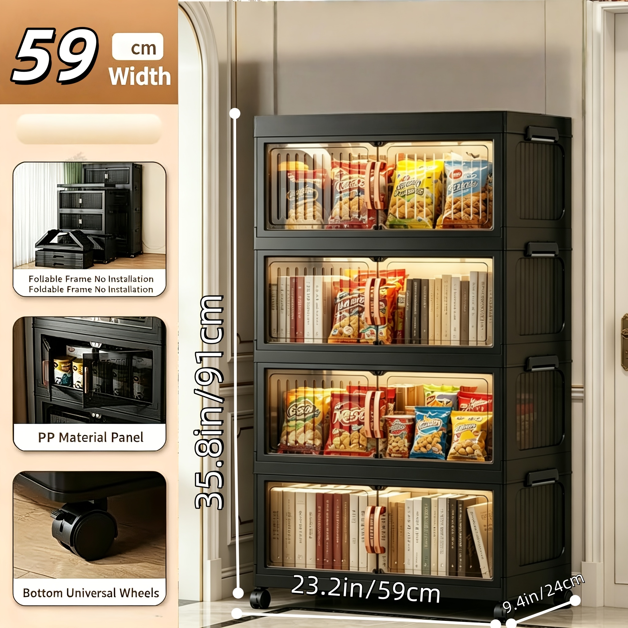 No Assembly 2/3/4/5 Tier Foldable Stackable Storage Cabinet, 44.29 Inch Large Capacity Modular Organizer Box with Lid, Rolling Wheels & Magnetic Double Door, Space Saving Portable Multi-Layer Storage Unit, Easy Setup Household Storage Container