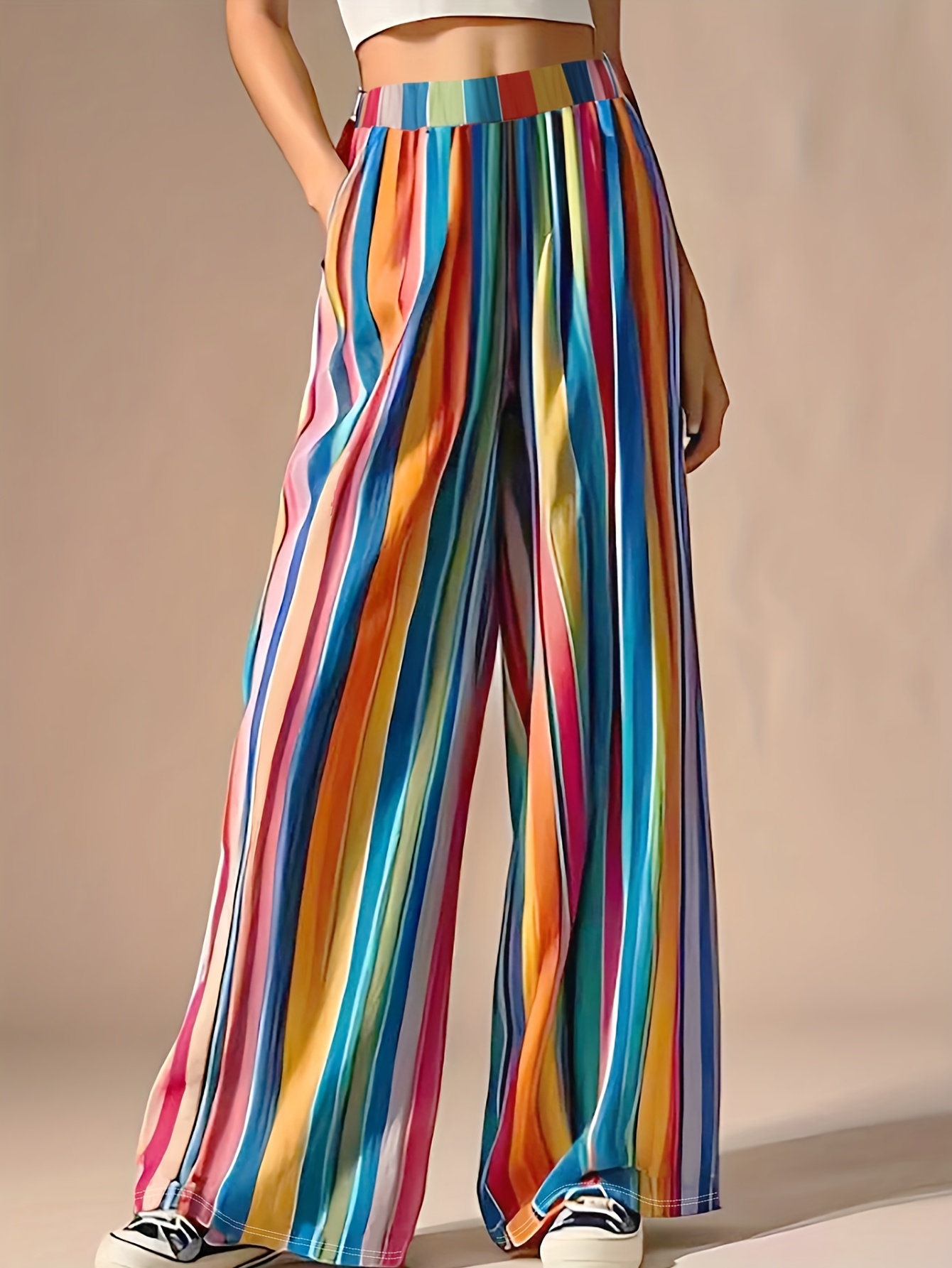 Retro high waisted wide leg linen pants summer 4368