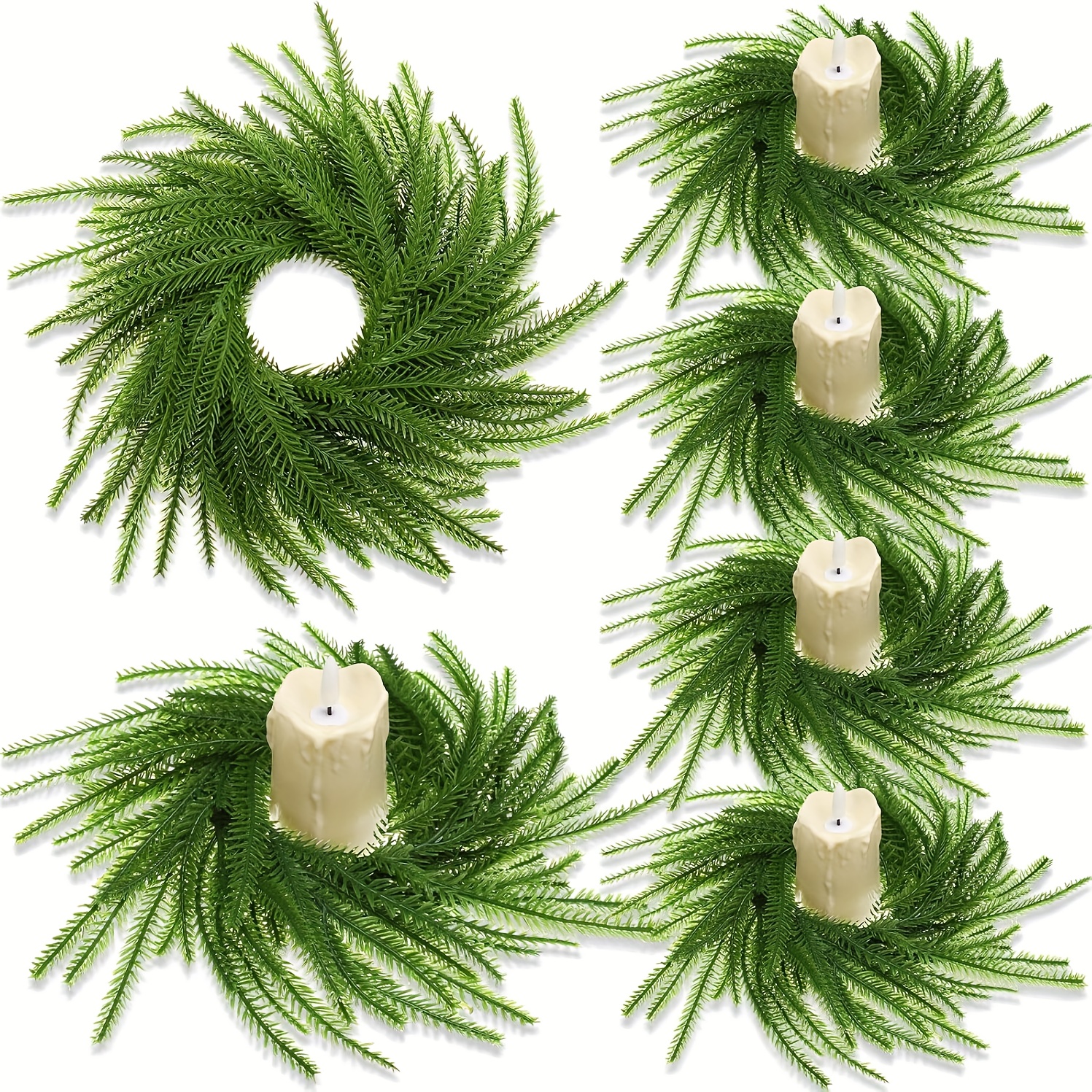 2 Stk. Weihnachts-Kerzenringe Norfolk-*-Kranz, künstliche Säulen, Hochzeits-Herbst-Kerzenkränze, grüne Girlande-Dekoration für Weihnachten, Feiertage, Hochzeit, Bauernhaus-Tisch-Mittelstück