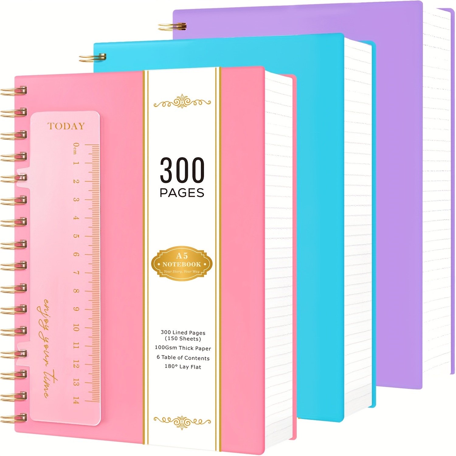Image of 3pcs A5 Spiral Notebook Pvc Cover Thick Wirebound Journal - 300 Page Lined Paper Notepad Suitable For Work, School, Office, Travel, Minimalist With Cover & Binding, Compact For,, Students