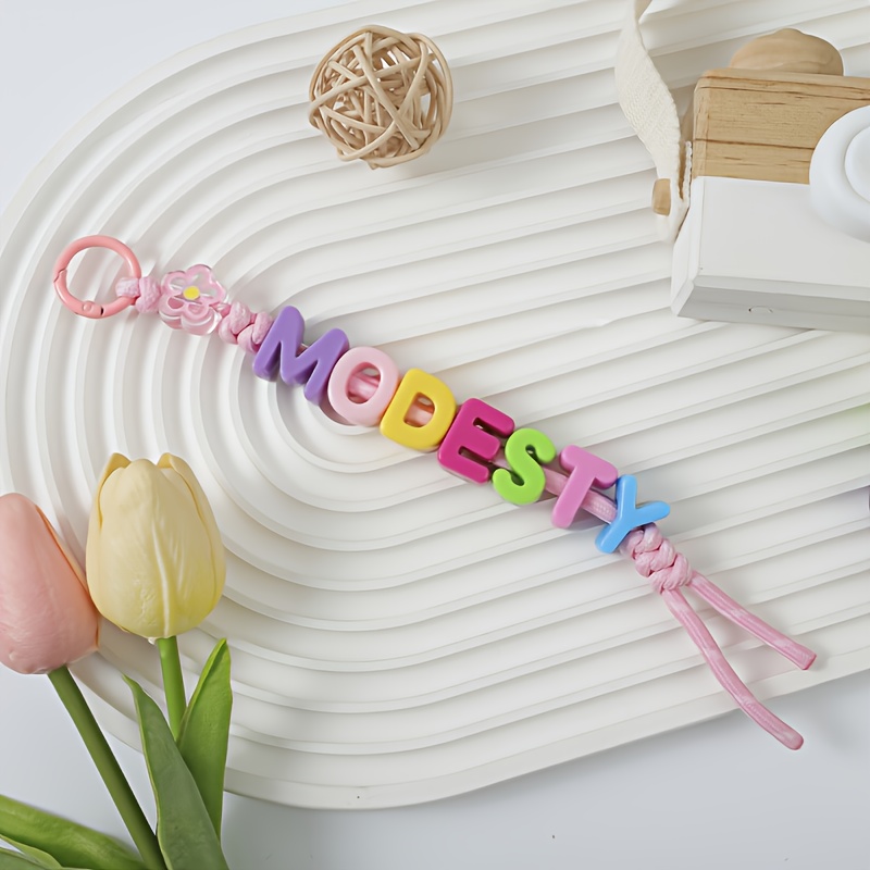 TEMU [diy Customization] 1pc Custom-made Multicolor Acrylic Bead Letter Woven Colorful Rope Keychain, Customizable Text, Personalized Multicolor