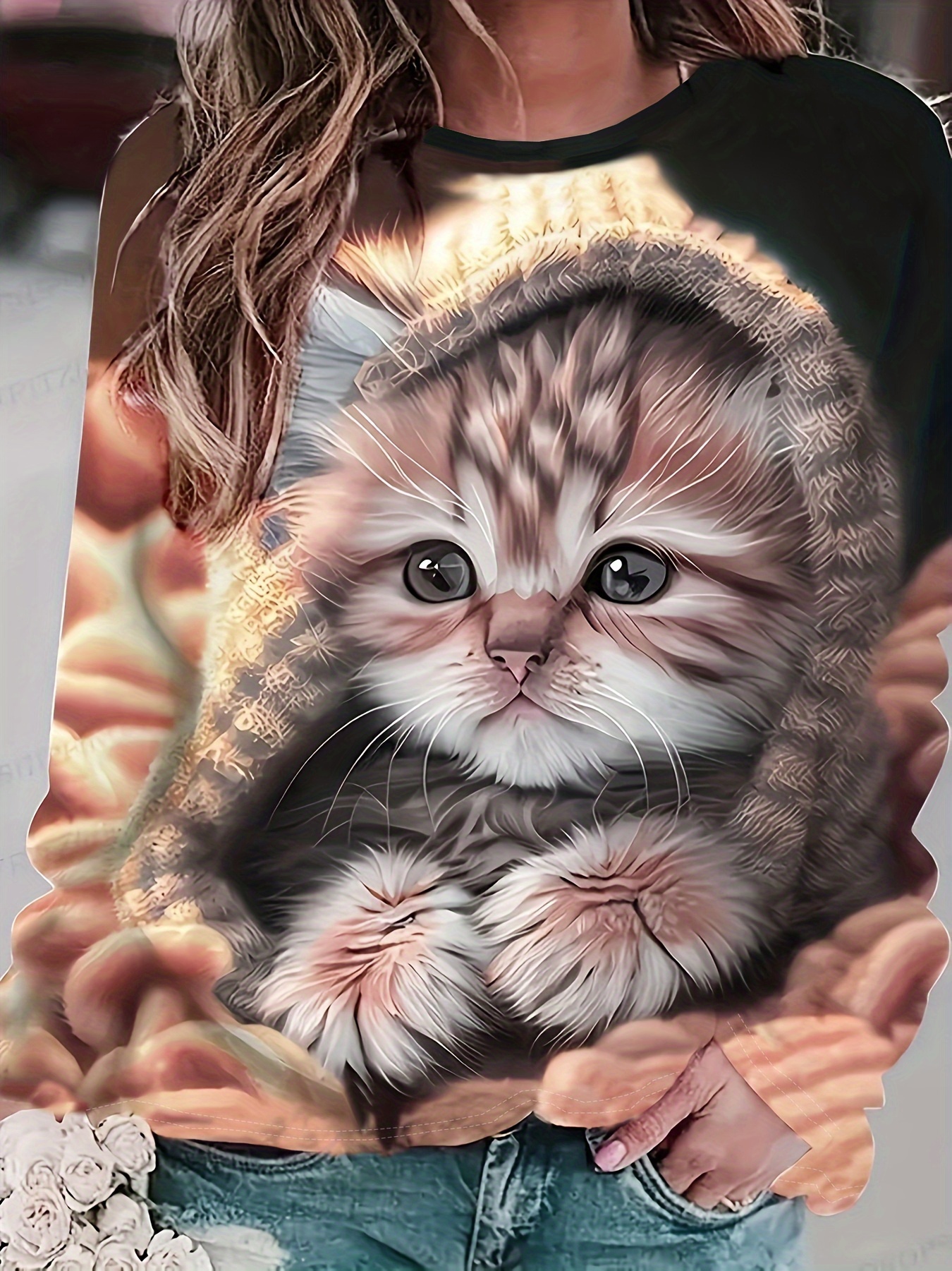 pull élégant femmes à imprimé chat col rond confortable Temu