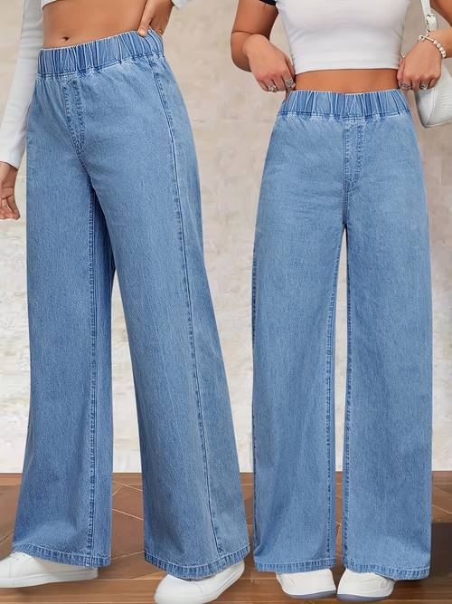 item picture soft womens high waist wide leg jeans elastic stretch waistband for daily and formal wear elegant trousers versatile wardrobe essential fit stylish trendy all match