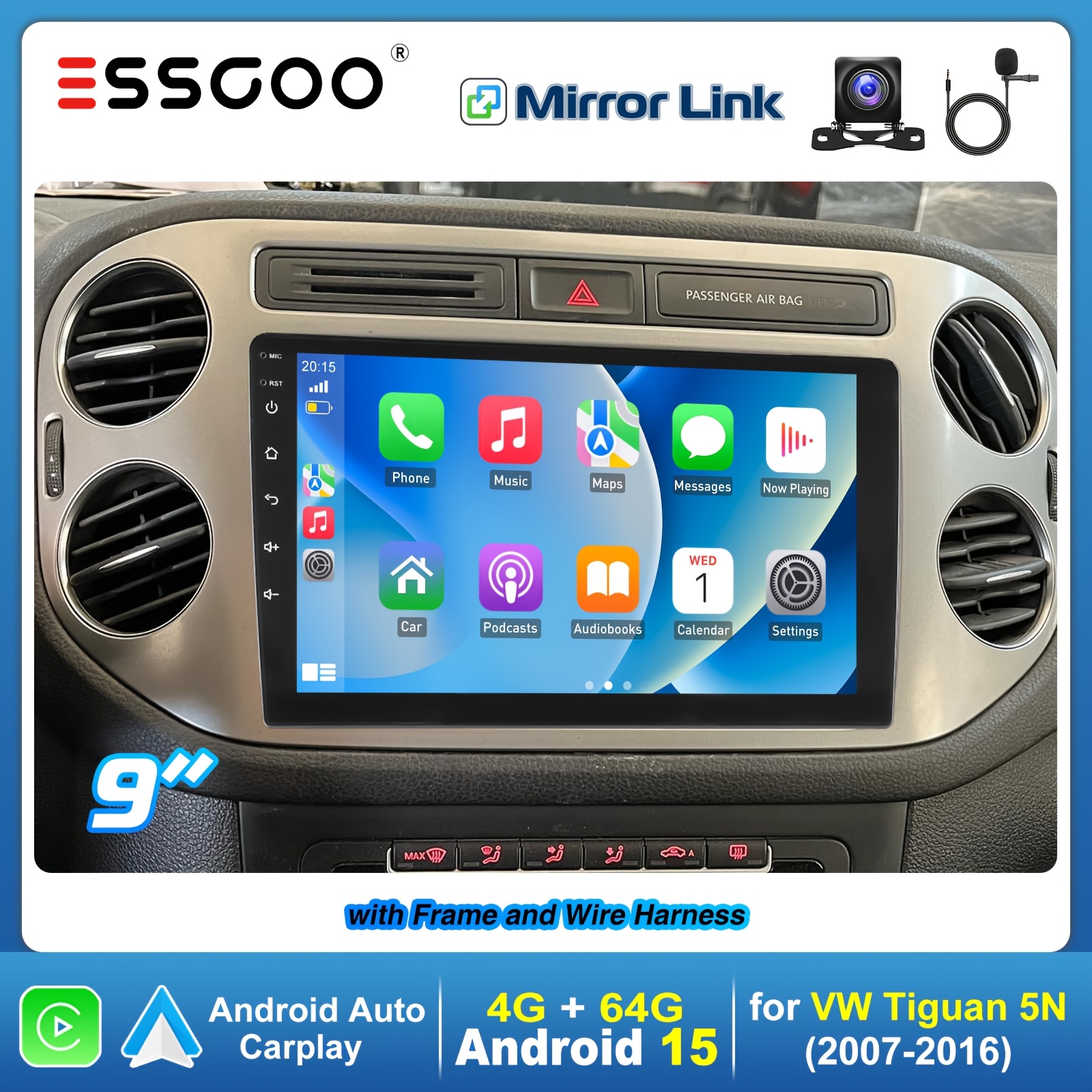 Essgoo 9 Inch Car Radio Upgrade For Vw Tiguan 5n 2007-2016, 15 4gb+64gb Ips Touch Screen, & Auto, Gps Navigation | Wireless | Wifi | Fm Rds | Asp Sound | , With Mic & Dashcam & Ahd Reverse Camera