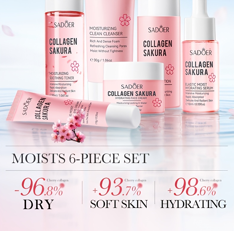Set de călătorie hidratant cu colagen Sakura, 6 bucăți. Conține demachiant, toner, loțiune, ser, cremă de ochi, cremă de față. Set de îngrijire a pielii feței. Hidratează, netezește, face pielea moale și delicată.