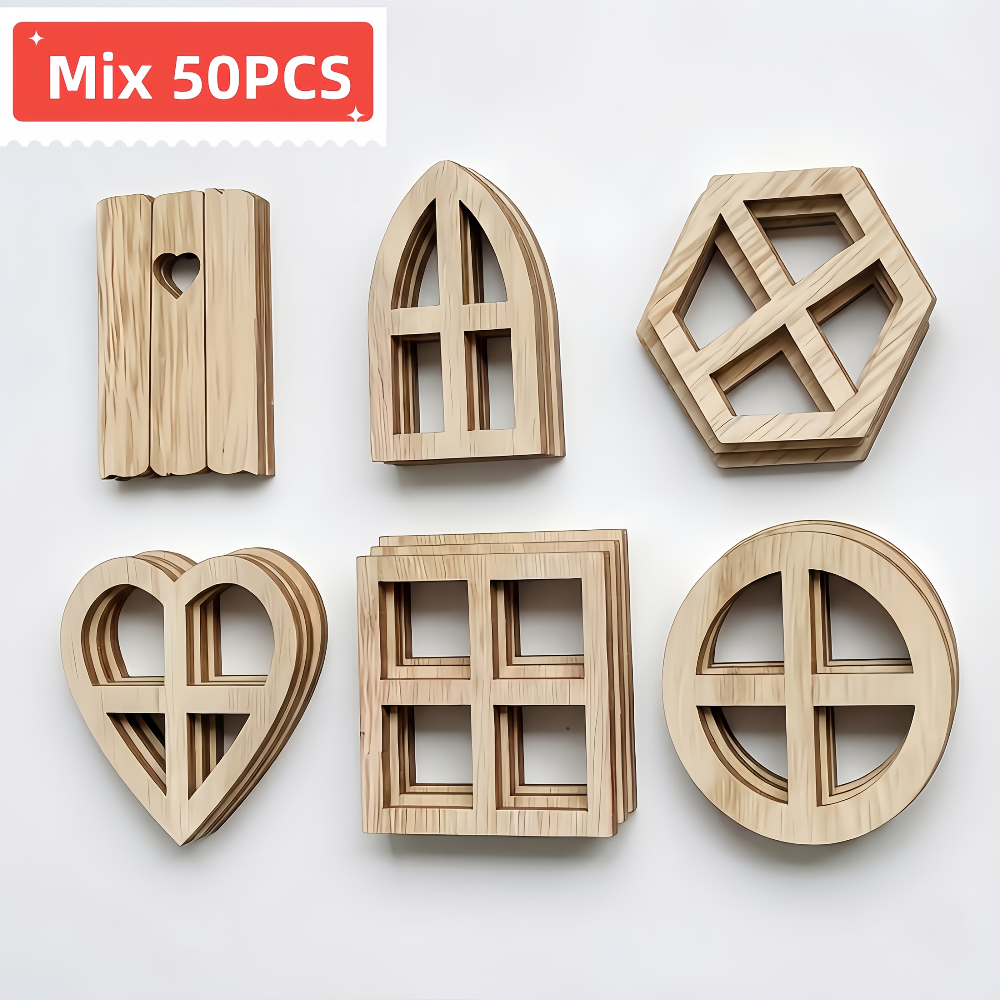 TEMU Mix 50pcs Wooden Retro Window Hollow Decoration Wooden Pieces Handmade Art Wall Suitable For Christmas Courtyard Additions, Micro Scene Shooting