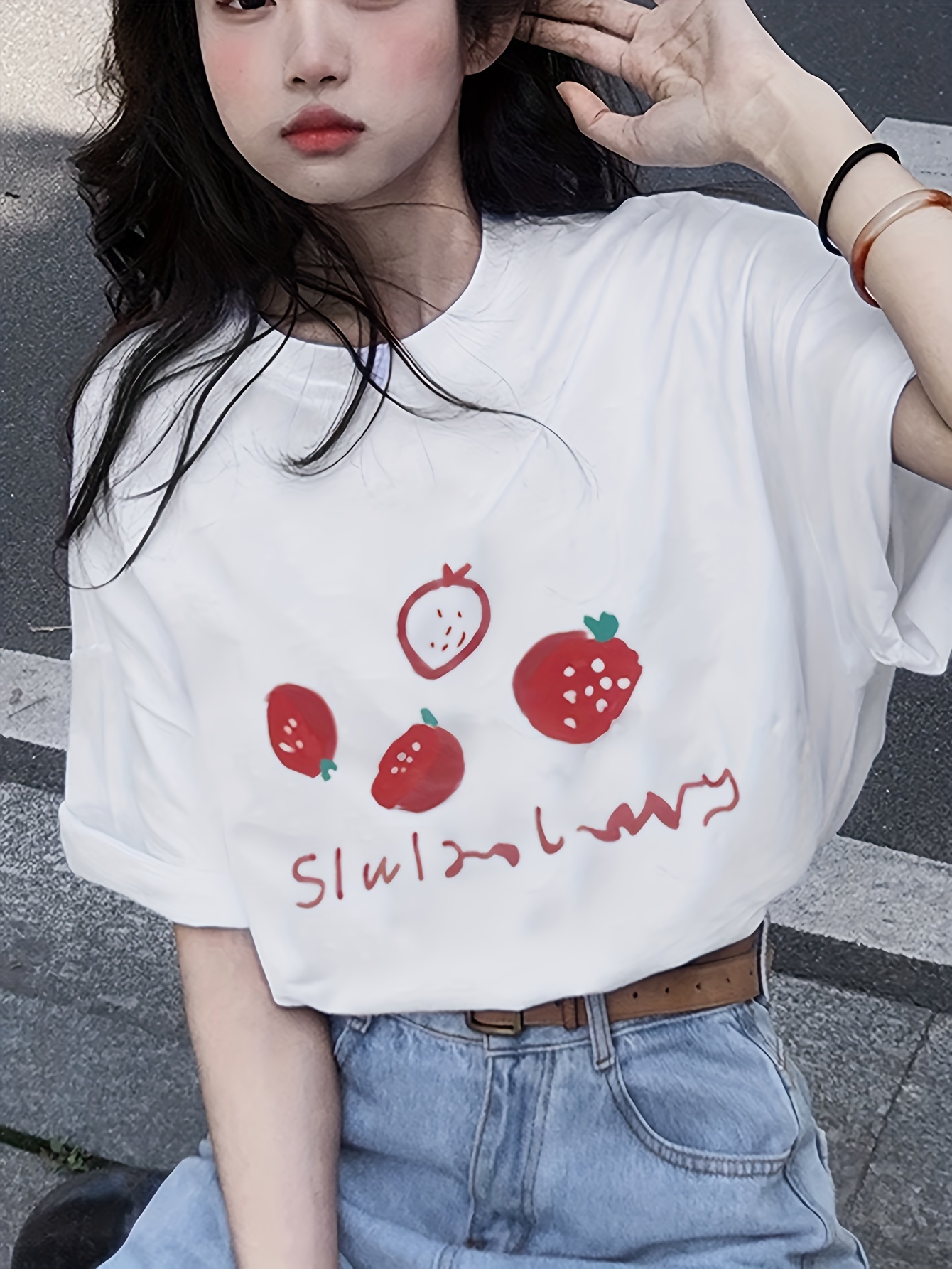 Women's Strawberry Print Crew Neck Crochet Knit Tops Cute - Temu