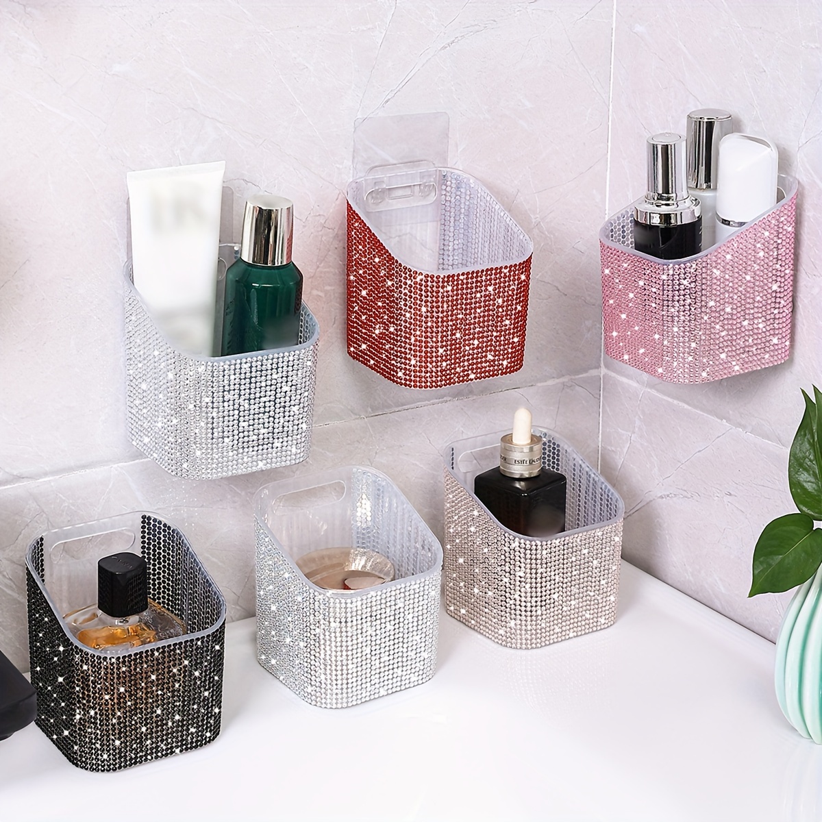 

1pc Bling Dazzling Storage Box, Home Kitchen Bathroom Storage Box, Lipstick Cosmetic Storage Rack, Traceless Nail-free Wall-mounted Storage Box