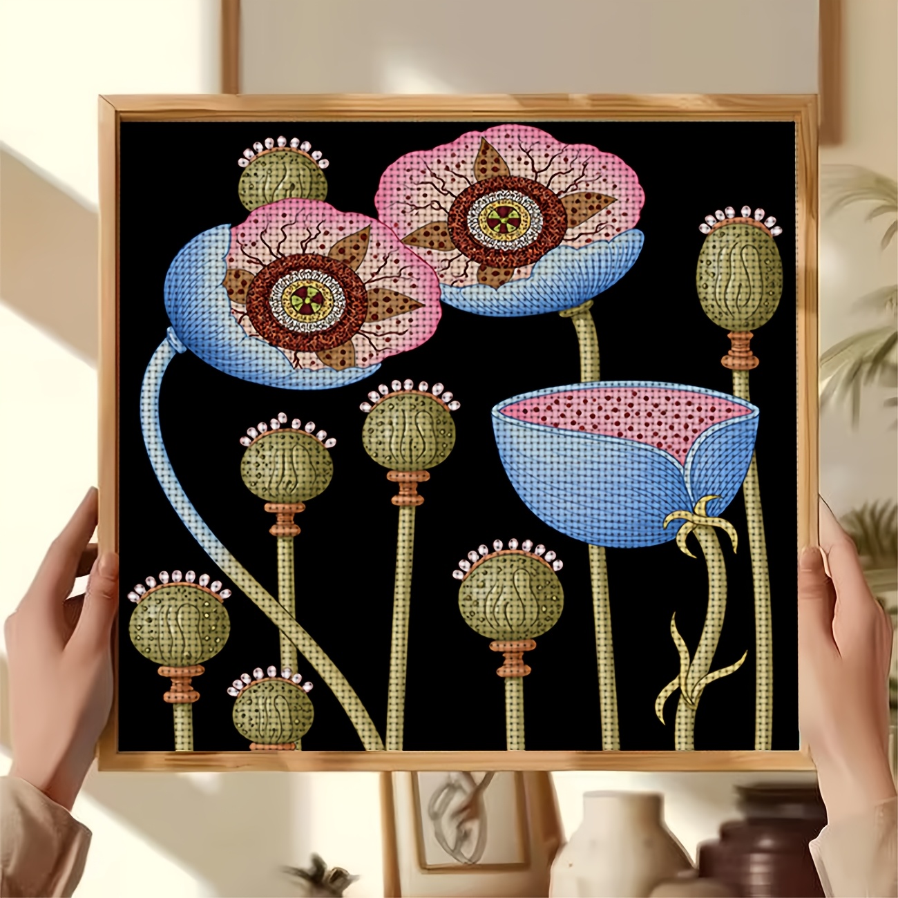 DIY Cross-Stitch Printed Kit with Pink and Blue Flowers for Beginners