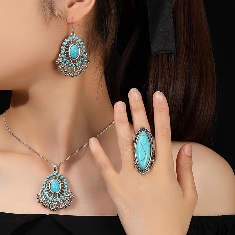 4 piece blue bohemian ethnic style earrings and ring and necklace jewelry set ethnic style turquoise fringe valentines day thanksgiving gift details 0