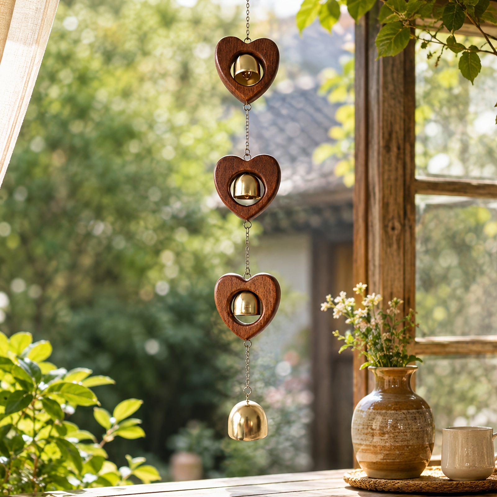 TEMU Solid -shaped Wind Chime With Brass-colored Bells, Vintage Heart-shaped Hanging Bell Ornament, Suitable For Porch Windows Home Courtyard Garden