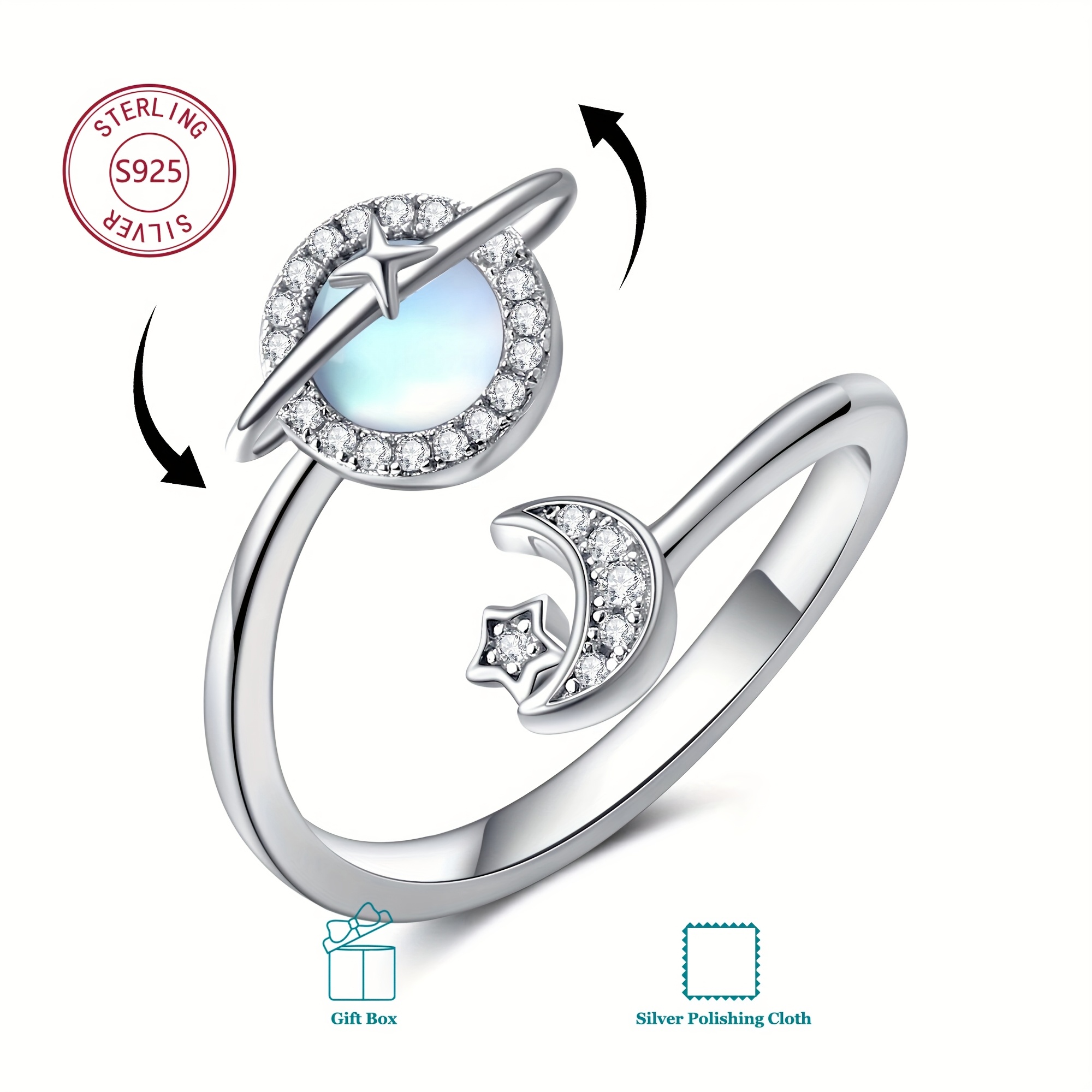 Women's Adjustable 925 Sterling Silver Star Planet Ring with Moonstone