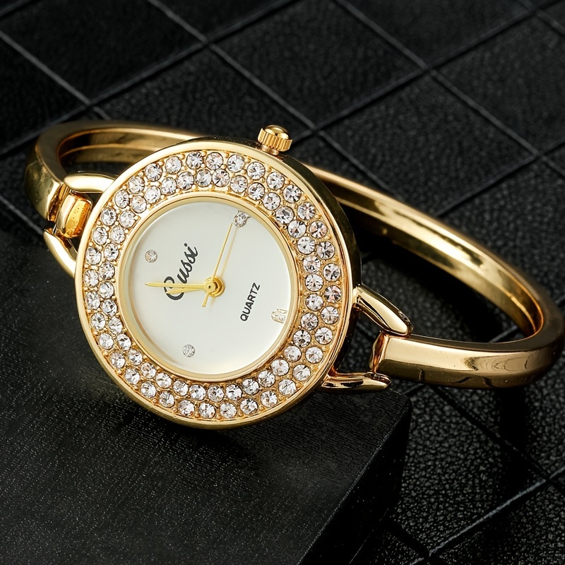 Elegant Ladies' Golden Bracelet Watch with Luxurious Rhinestone Surface