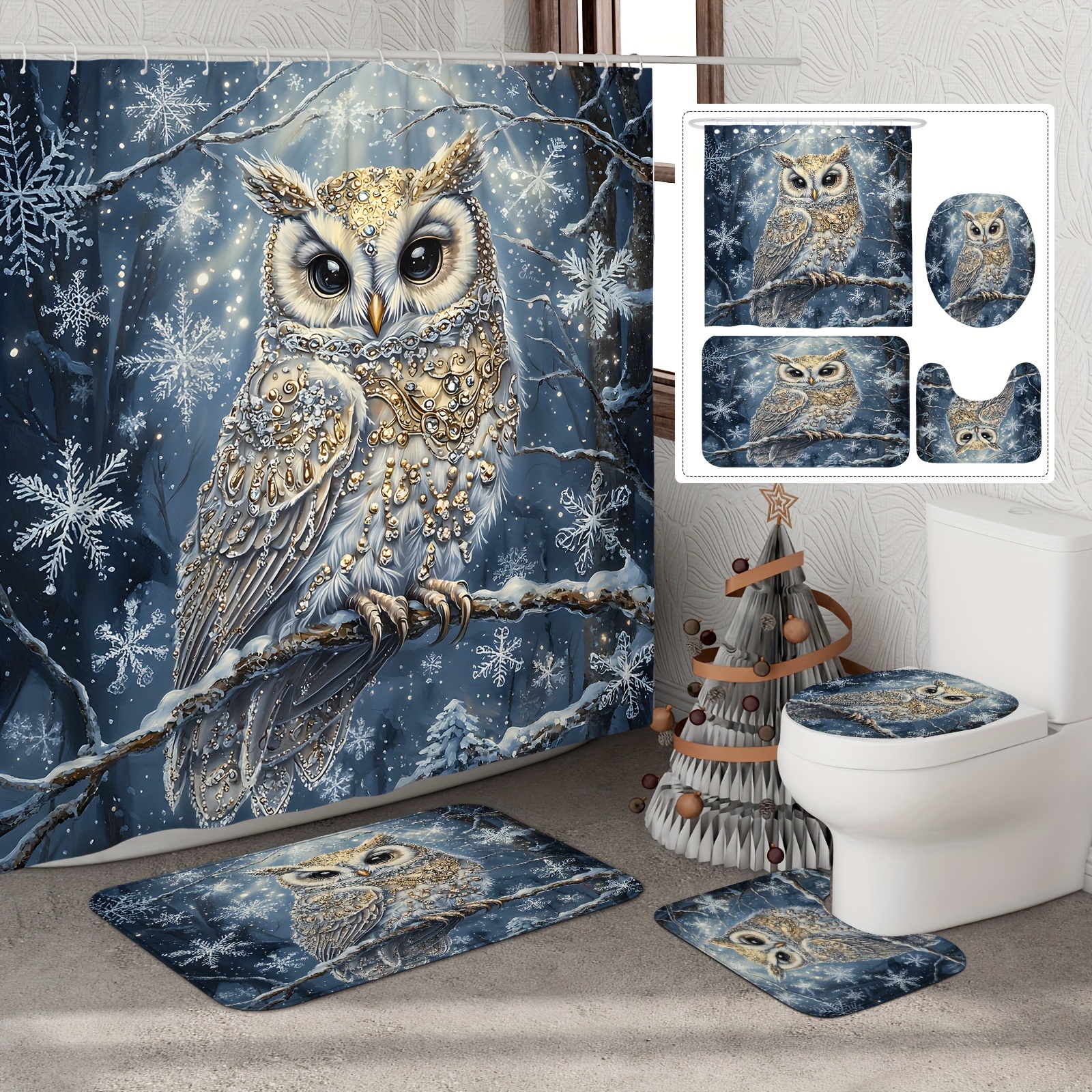 

[open] 1/4pcs Christmas Winter Shower Curtain Set Owl Cute Curtain Waterproof Polyester Washable For Holiday Bathroom Shower Home Decor Ornaments With 12hooks Non-slip Bath Mat Toilet Lid Cover Mat