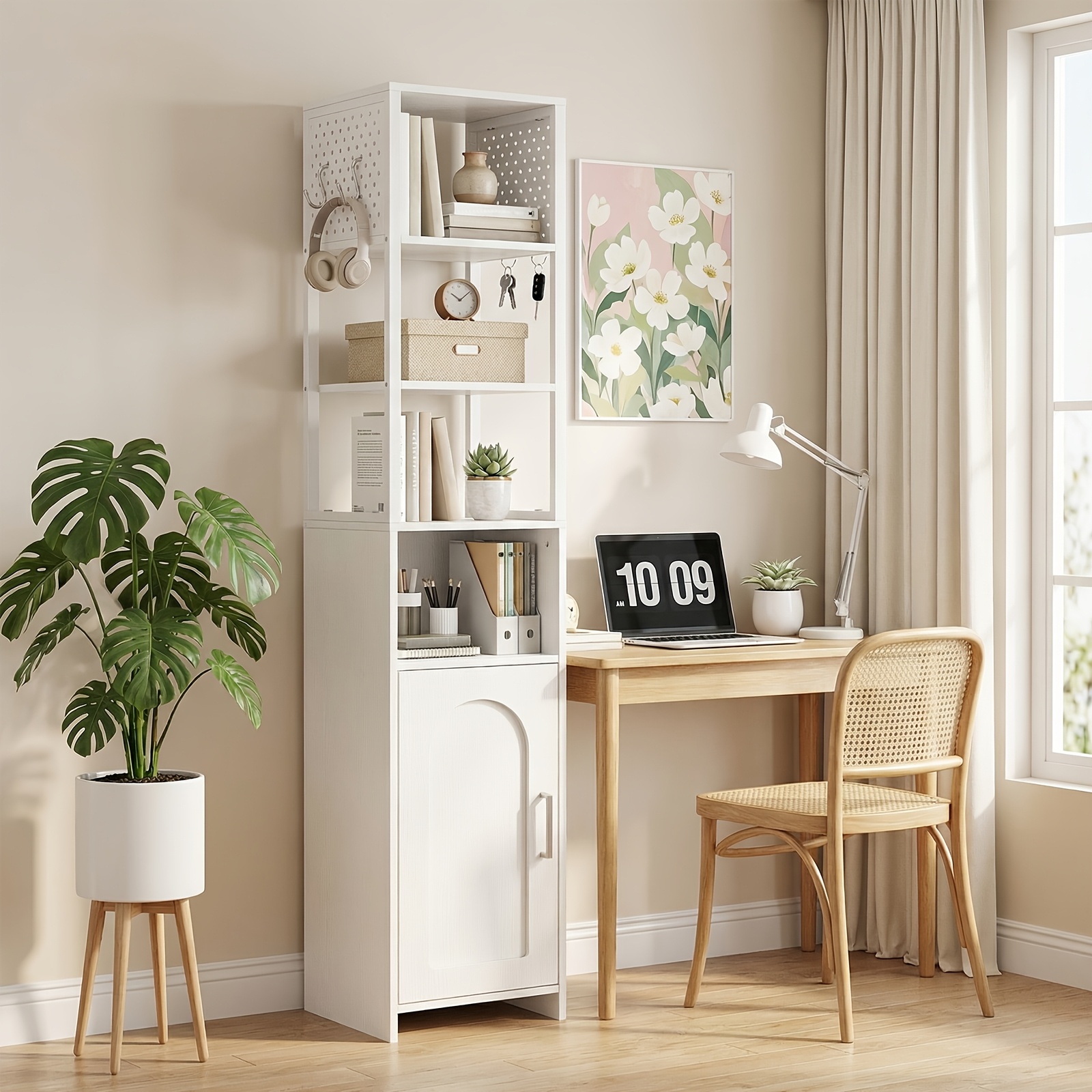 Image of Storage Cabinet In White, Upright Design With Storage Space. The Pegboard Allows For Convenient Organization, Making It Suitable For Settings Such As Study Rooms, Bedrooms, Living Rooms, And