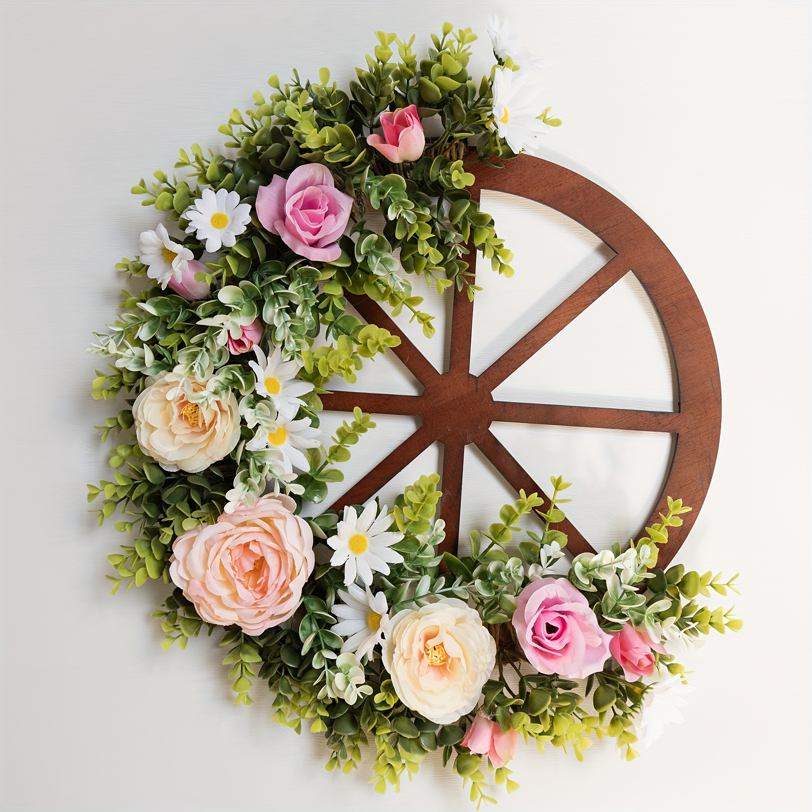 E-shop 1 Stück Klassische 20-Zoll-Pfingstrosen-Lilien-Radkranz mit Eukalyptusblättern, rustikales Holz, Frühlings- und Sommerfest, Dekoration für die