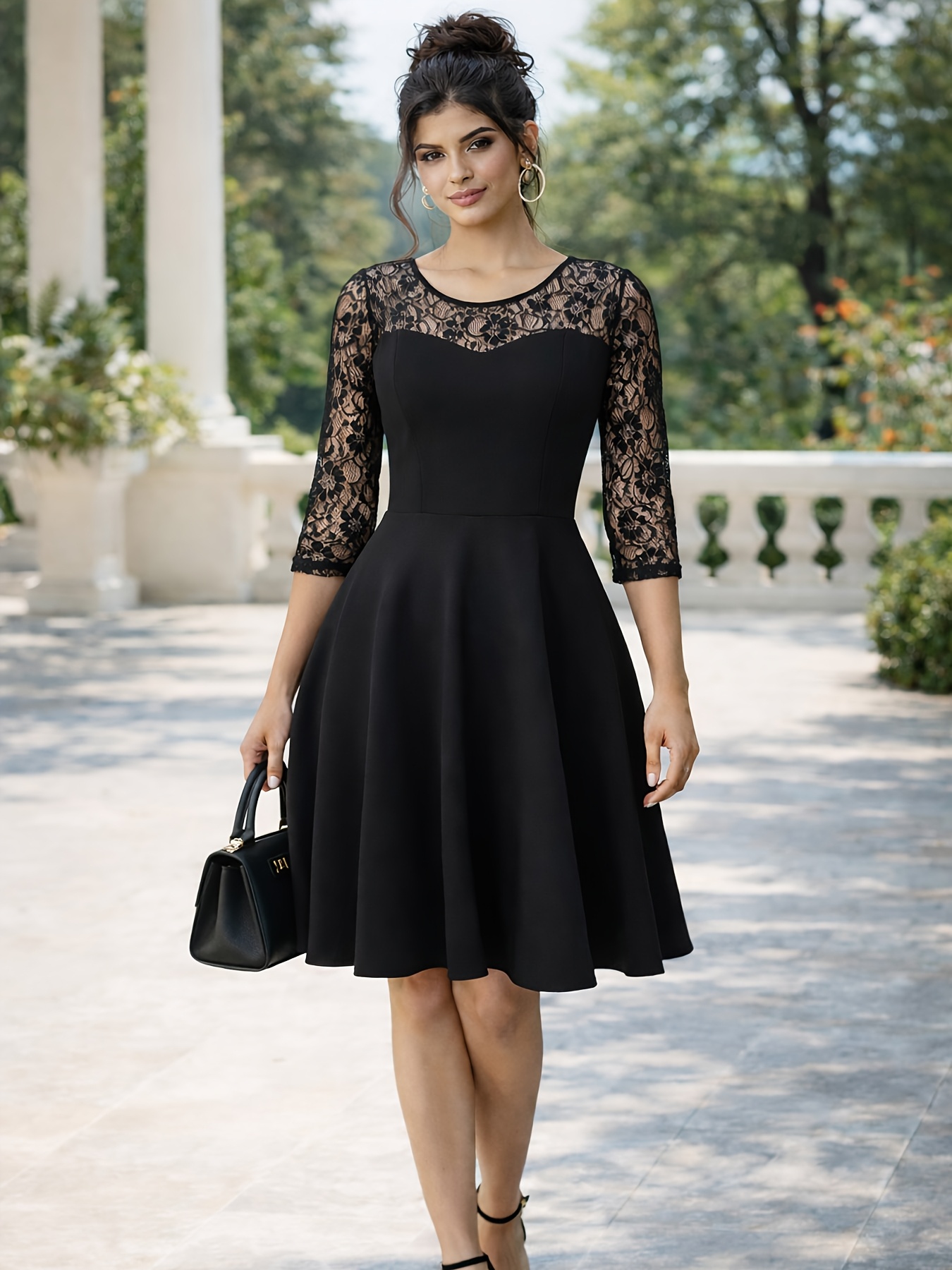 autumn winter womens lace dress classic round neck - Temu Oman