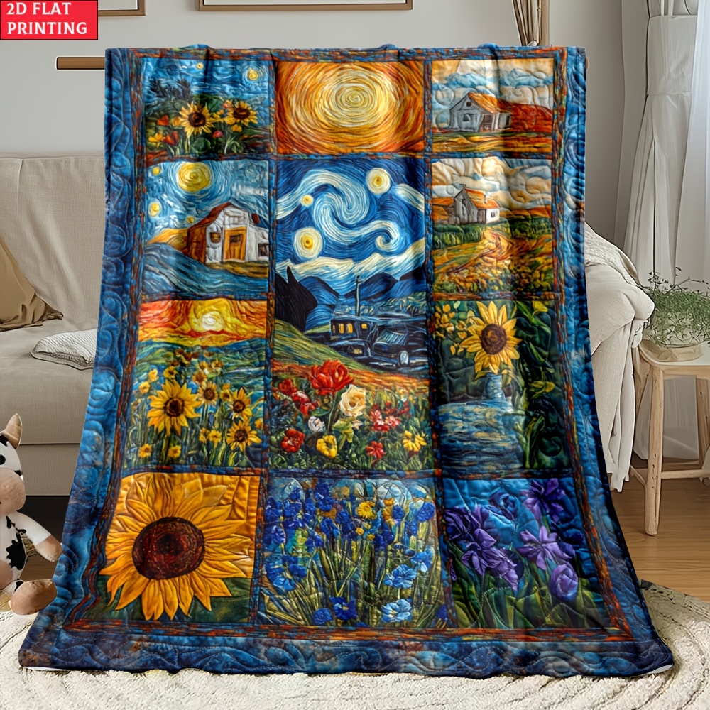TEMU 2d Flat 1pc Van Gogh Starry Sky Suitable For Sofa, Bedroom, Living Room, Bed, Couch, Chair Soft And Warm Blanket-lightweight Flannel, Gifts For