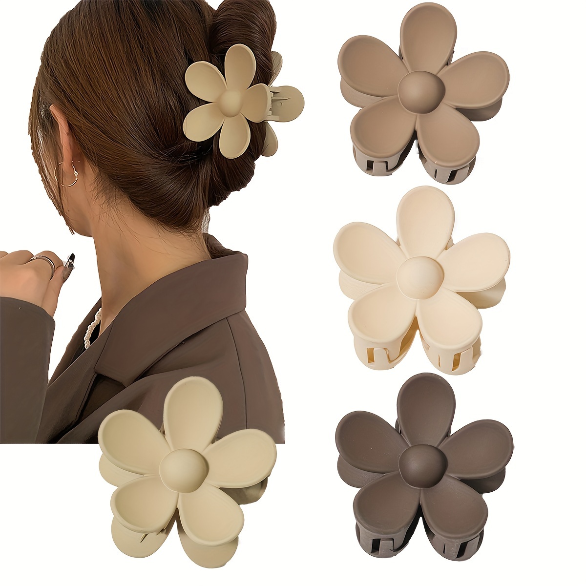 

4-piece Set Chic Matte Flower Hair Claw Clips For Women - Large, Solid Color, Simple & Stylish Accessories