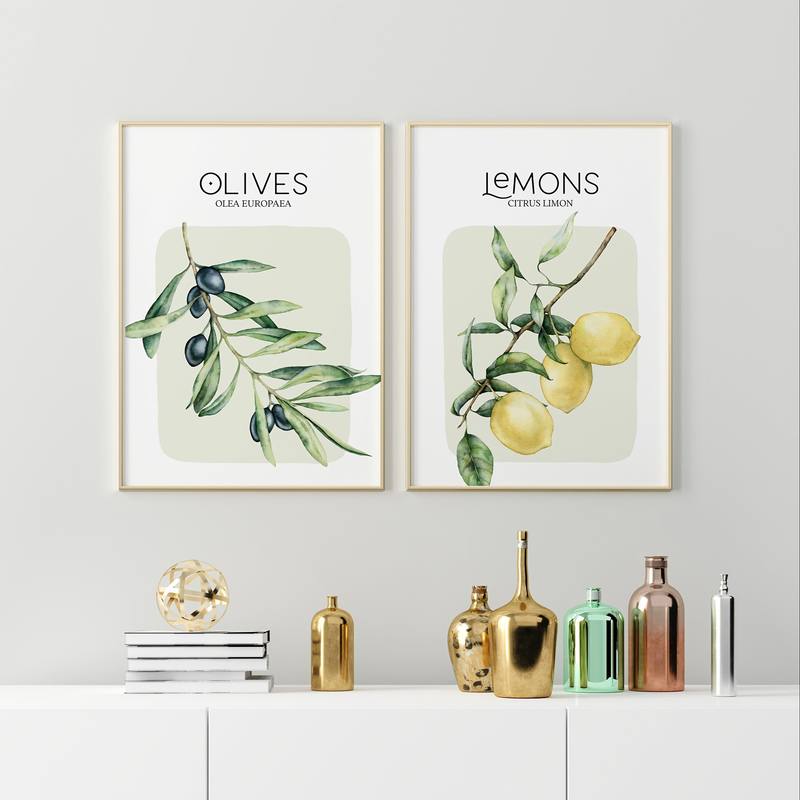 E-shop 2D Flach, 2D Flach, Zwei ungerahmte Leinwandposter mit moderner Kunst, mit Designs von Oliven und Zitronen, Drucke im mediterranen Stil für