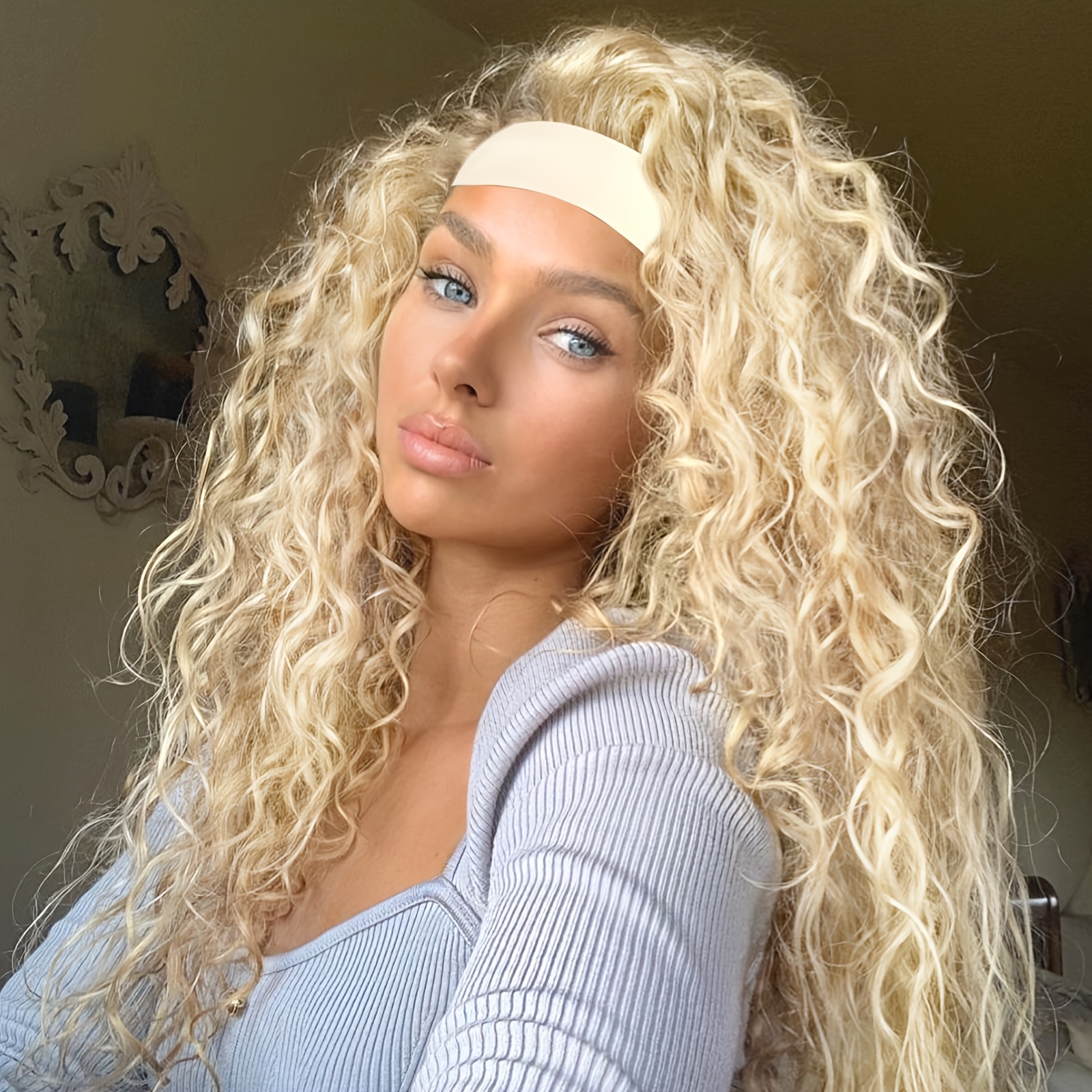 TEMU Glueless Headband Wig Wet And Wavyh Synthetic Hair Wigs For Women Wave None Lace Wigs Brown Color Machine Made Wigs Synthetic Hair Wig For Women