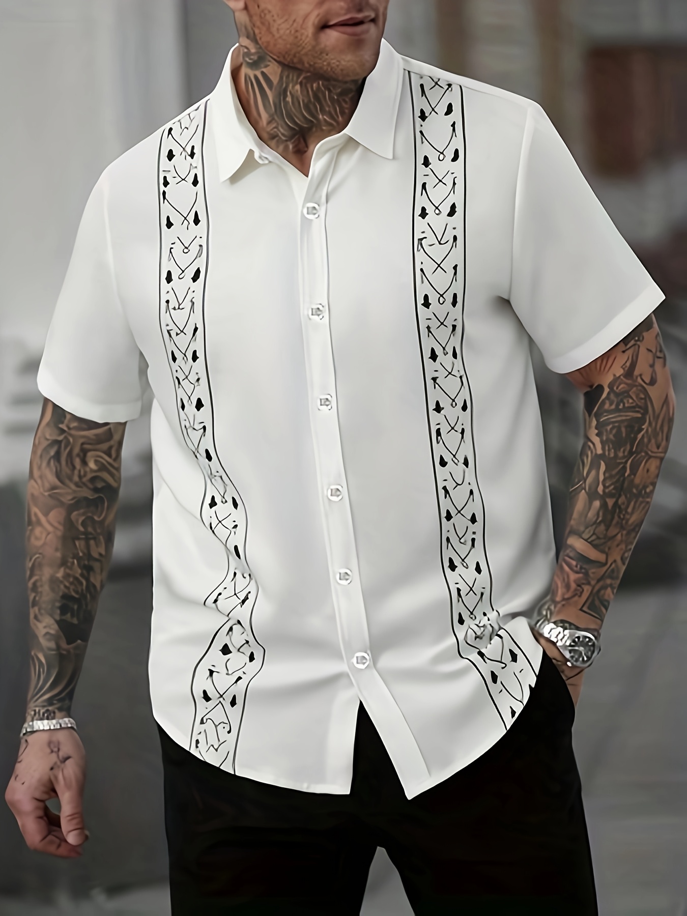 Camisa Casual de Estampa Étnica, Camisa de Manga Curta com Botões para Homens