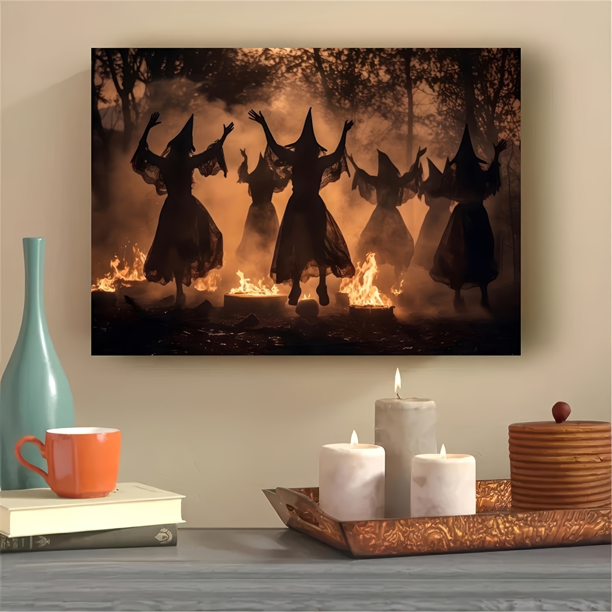

Country Rustic Style Halloween Wall Art, "witches' Dance" Canvas Print - Horror Theme, Vintage Modern Home Decoration For Living Room, Bedroom, Office - No Electricity Needed, No Feathers