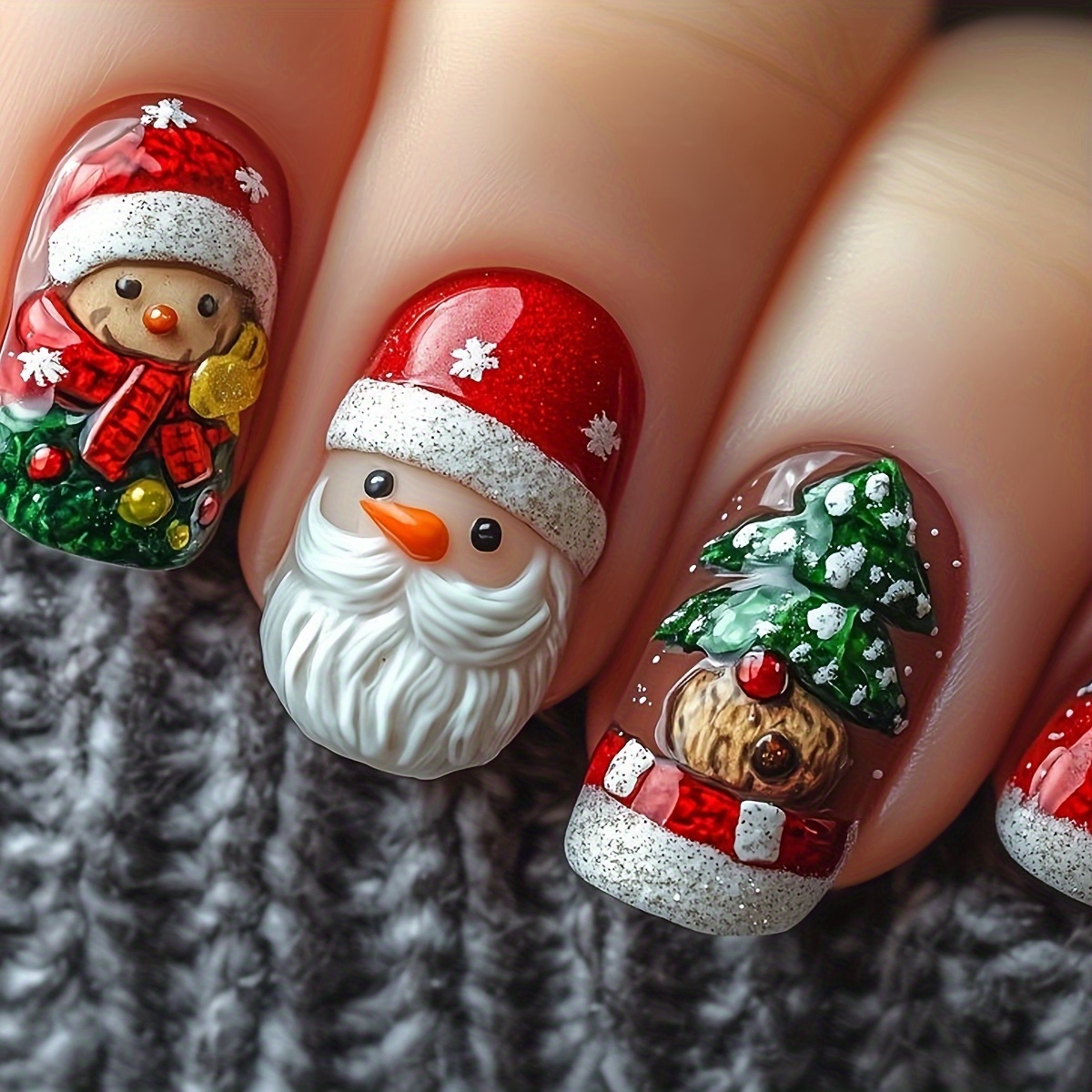 TEMU 24pcs Of Christmas-themed Press-on Fake Nails Featuring Designs Of Santa Claus And Christmas Trees, Festive Nail Art With Red And Green Glitter